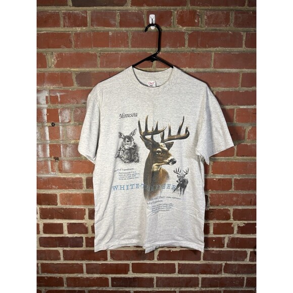 Vintage 90s Grey Shirt White Tail Deer Minnesota Sherry’s USA Made Adult Large - Picture 1 of 5